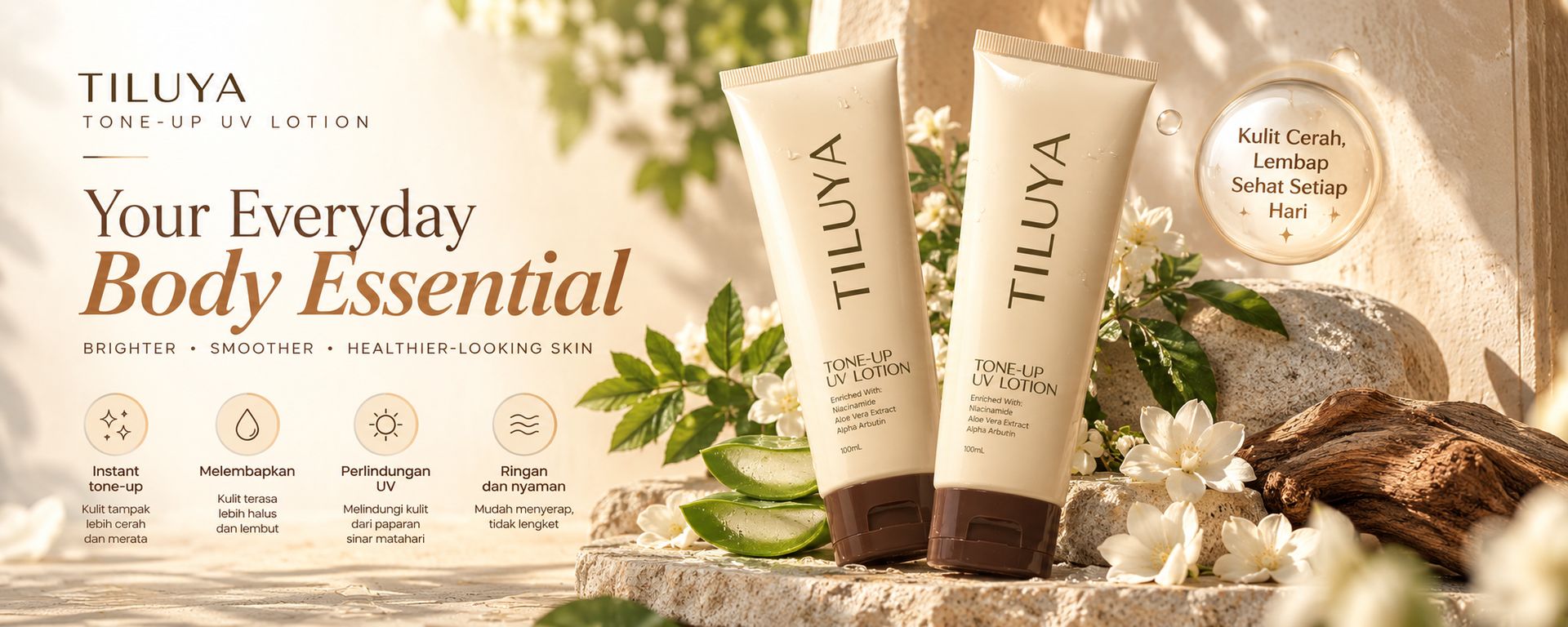 TILUYA TONE-UP UV LOTION. Your Everyday Body Essential.